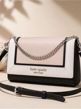 Kate Spade New York Colorblock Chain Crossbody Shoulder Bag Black Cream Blush